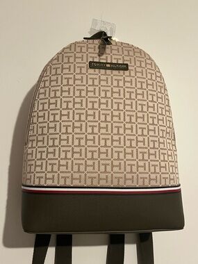 Tommy Hilfiger Beige Monogram Backpack with Olive Base and Stripe
